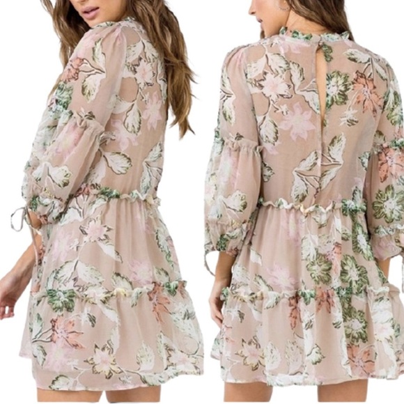 Princess Polly Boho Eden Bloom Tiered Mini Dress Floral Sheer Ruffle Tan Green 6 - Picture 1 of 11